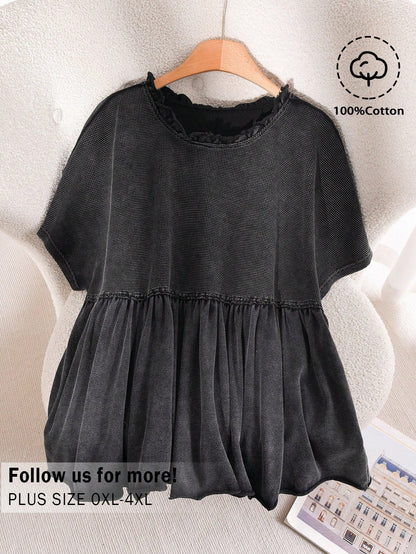 CosyJoli Plus Size Women's Casual T-Shirt, Distressed Washed T-Shirt, Short Sleeve Tee Cute Black Tops Black Babydoll Top