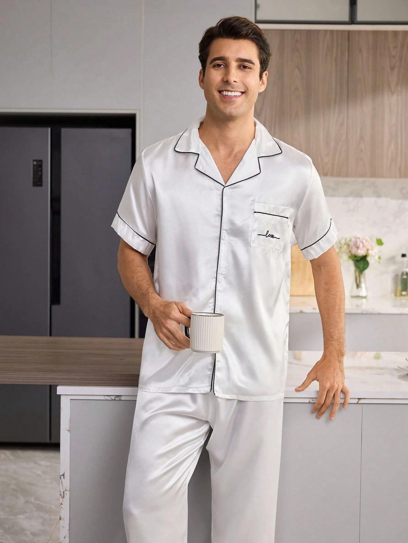 CoupledUp Solid Color Faux Silk Pocket Letter Print Short Sleeve Long Pants Men's Pajama Set