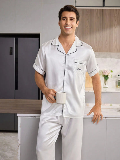 CoupledUp Solid Color Faux Silk Pocket Letter Print Short Sleeve Long Pants Men's Pajama Set