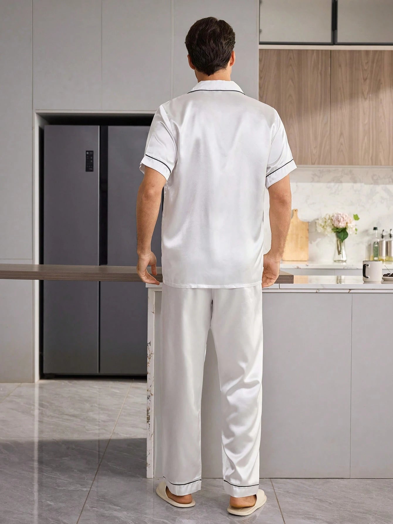 CoupledUp Solid Color Faux Silk Pocket Letter Print Short Sleeve Long Pants Men's Pajama Set