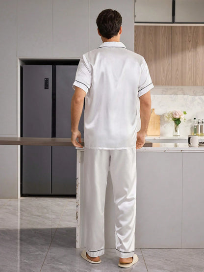 CoupledUp Solid Color Faux Silk Pocket Letter Print Short Sleeve Long Pants Men's Pajama Set