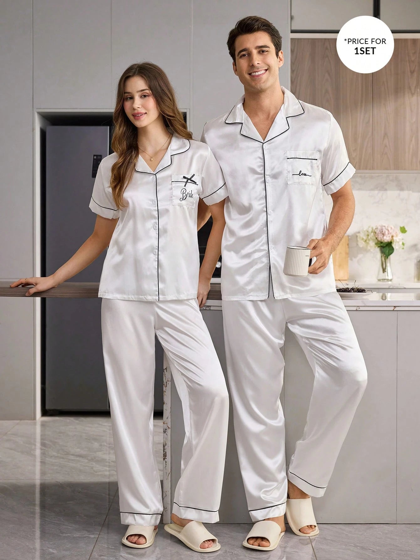 CoupledUp Solid Color Faux Silk Pocket Letter Print Short Sleeve Long Pants Men's Pajama Set