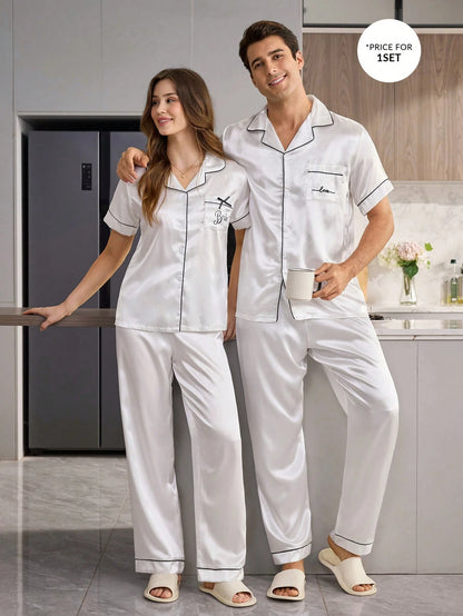 CoupledUp Solid Color Faux Silk Pocket Letter Print Short Sleeve Long Pants Men's Pajama Set