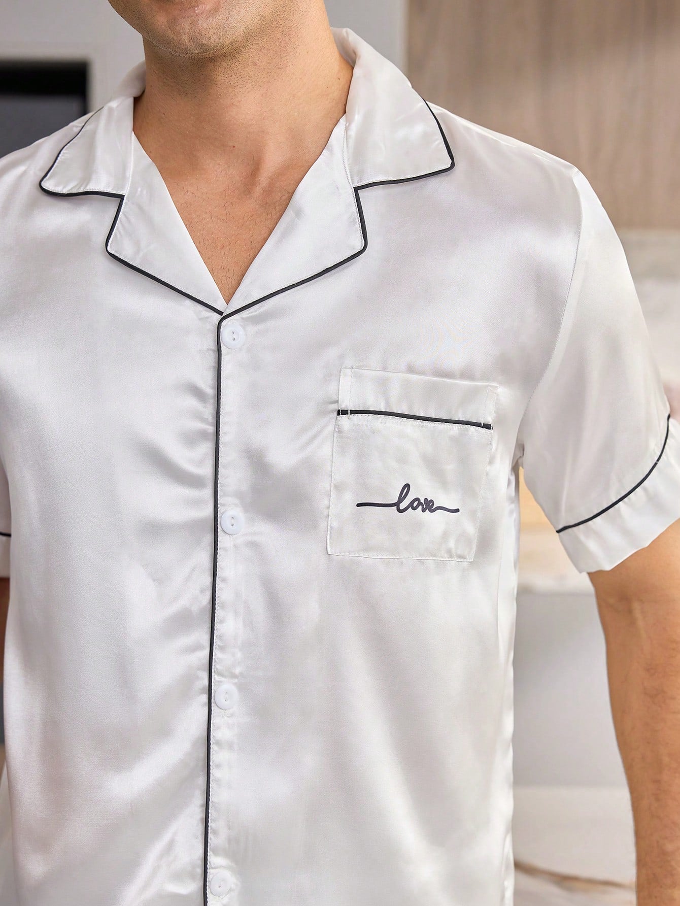 CoupledUp Solid Color Faux Silk Pocket Letter Print Short Sleeve Long Pants Men's Pajama Set