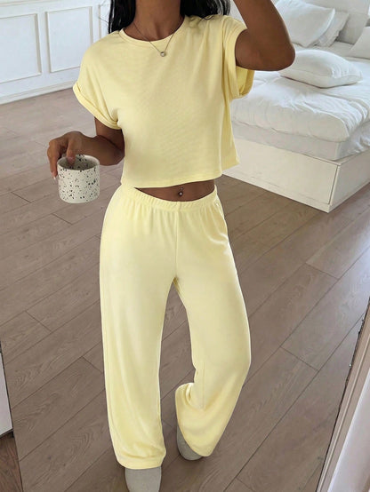 CovetEZ Pale Yellow Knit Women's Loungewear Set, Minimalist Casual Daily Top And Pants,Vacation Outfits Women Lounge Summer