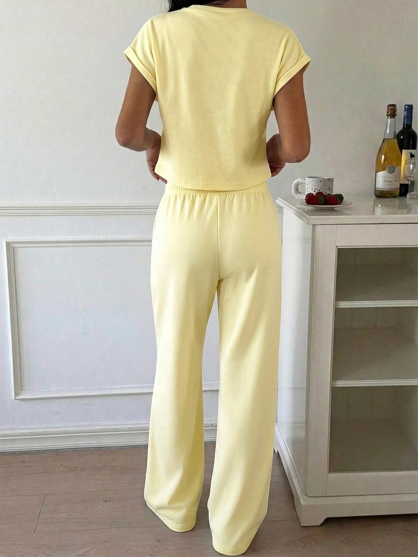 CovetEZ Pale Yellow Knit Women's Loungewear Set, Minimalist Casual Daily Top And Pants,Vacation Outfits Women Lounge Summer