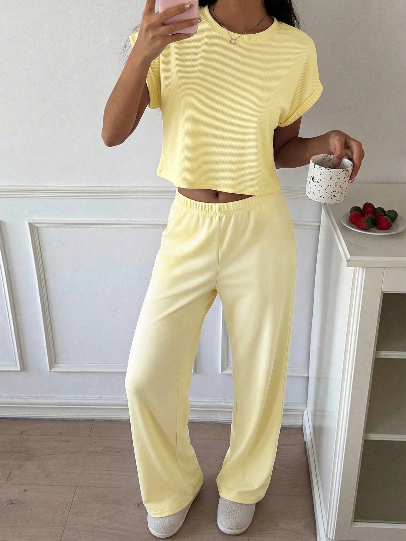 CovetEZ Pale Yellow Knit Women's Loungewear Set, Minimalist Casual Daily Top And Pants,Vacation Outfits Women Lounge Summer