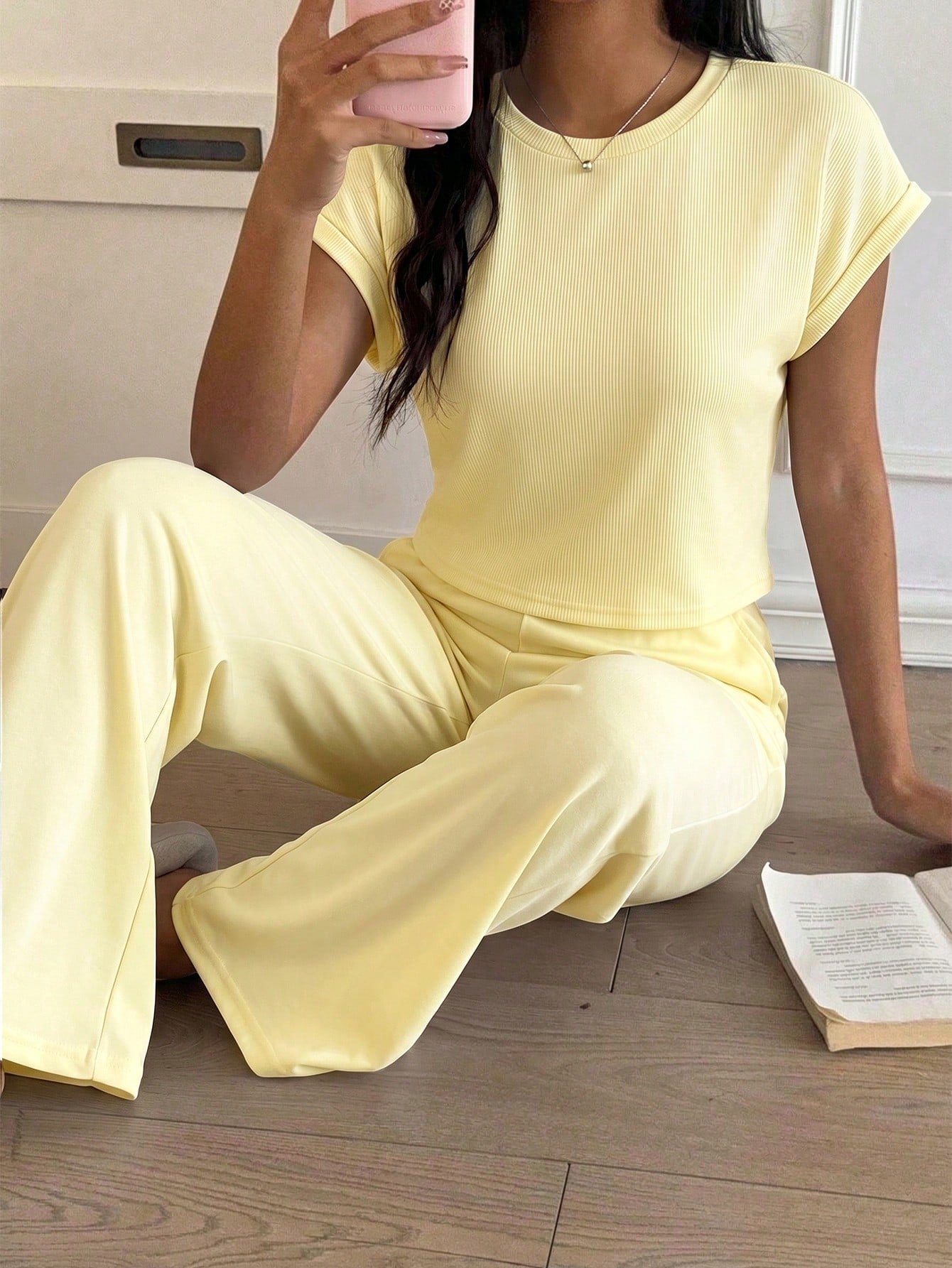 CovetEZ Pale Yellow Knit Women's Loungewear Set, Minimalist Casual Daily Top And Pants,Vacation Outfits Women Lounge Summer