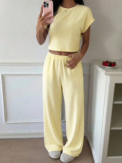 CovetEZ Pale Yellow Knit Women's Loungewear Set, Minimalist Casual Daily Top And Pants,Vacation Outfits Women Lounge Summer