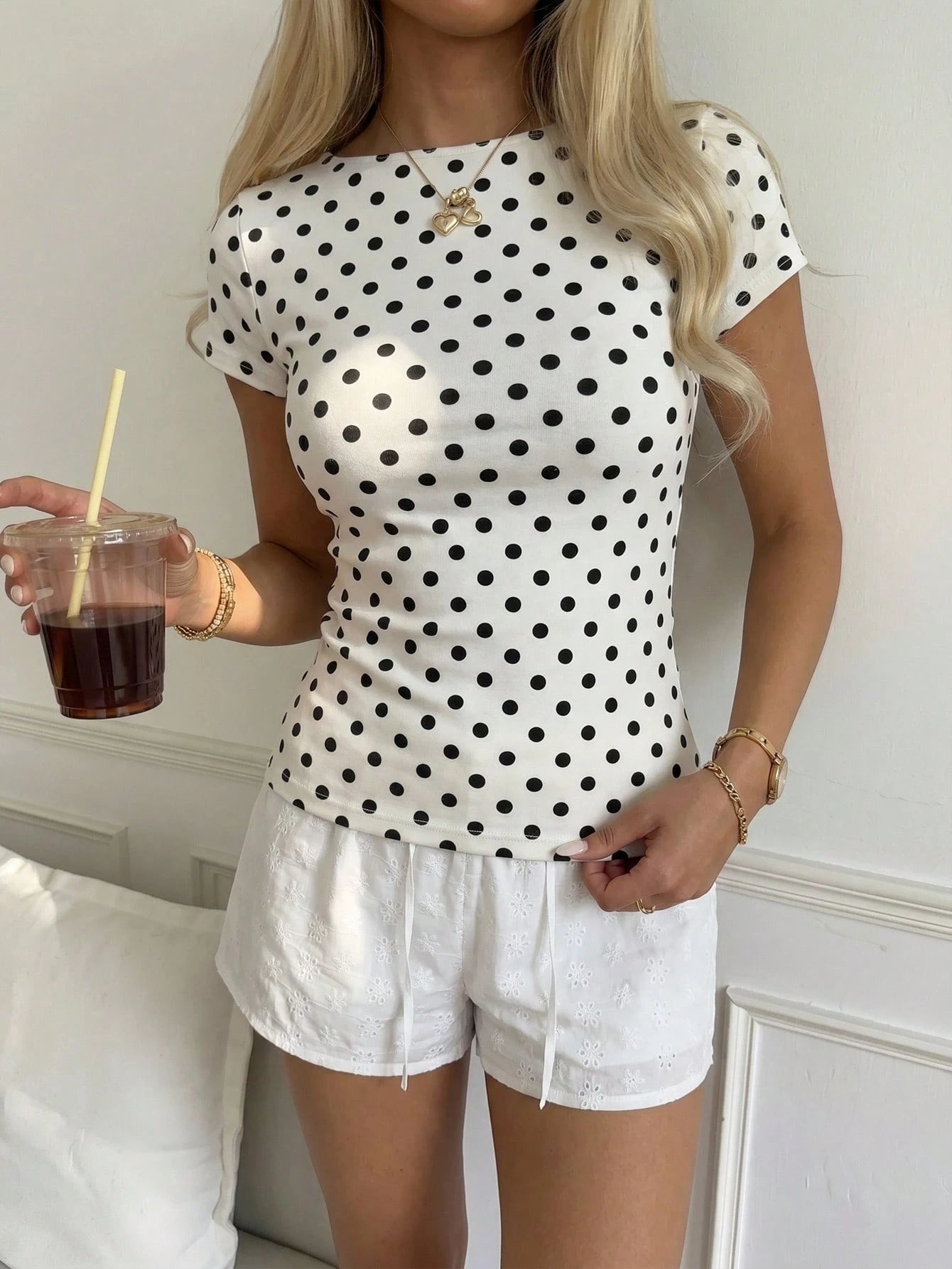 CovetEZ Women's 95 Cotton White With Black Polka Dots Summer Casual City Break Short Sleeve T-Shirt Minimalist Y2K Elegant Fashionable Top For Dates Brunch