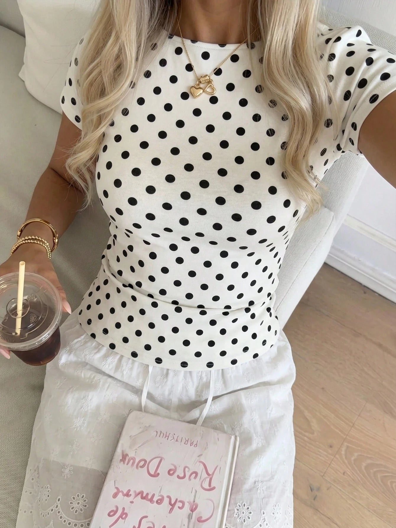CovetEZ Women's 95 Cotton White With Black Polka Dots Summer Casual City Break Short Sleeve T-Shirt Minimalist Y2K Elegant Fashionable Top For Dates Brunch
