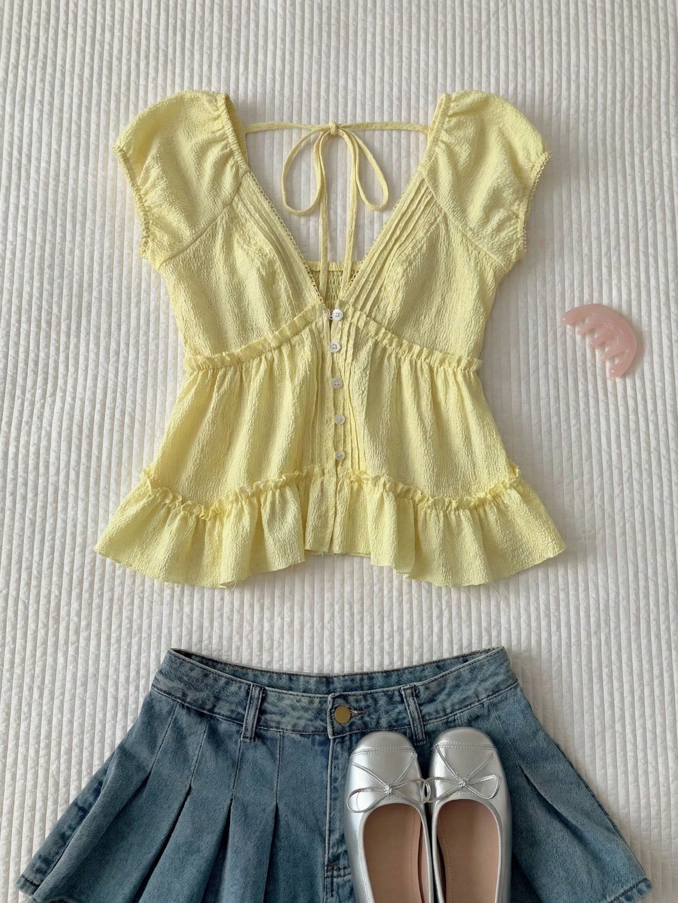 CovetEZ Women's Yellow Frill Trim Single-Breasted Shirt With Trim,Summer Top Tops For Women Cute Blouse Elegant Yelow Clothes Ruffle Vacation