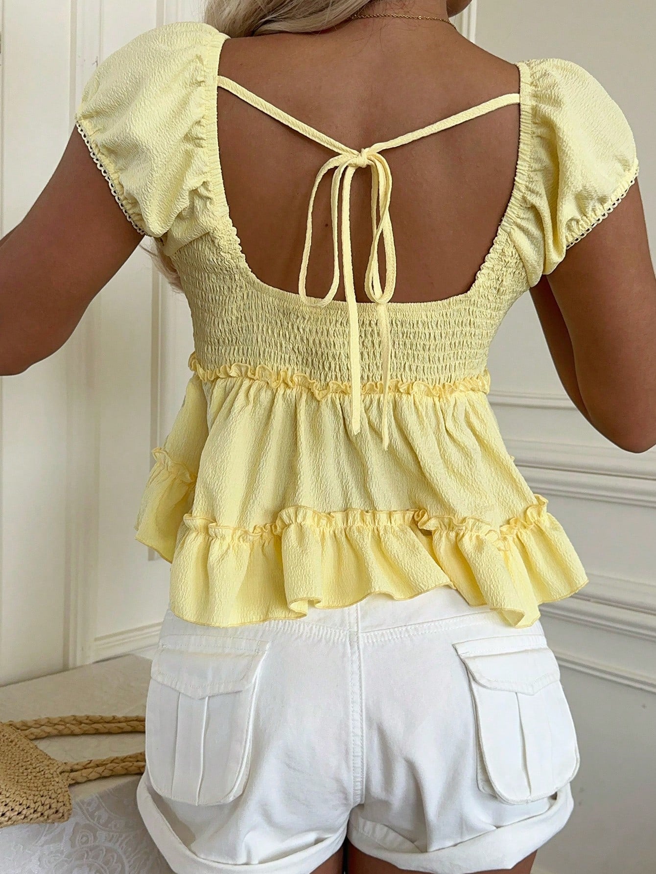 CovetEZ Women's Yellow Frill Trim Single-Breasted Shirt With Trim,Summer Top Tops For Women Cute Blouse Elegant Yelow Clothes Ruffle Vacation