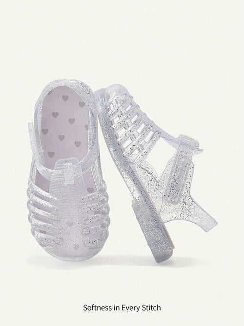 Cozy Pixies 1 Pair Fashionable Versatile Cute Princess Pink Transparent Soft Comfortable Crystal Heart Flat Sandals For Toddlers