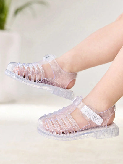 Cozy Pixies 1 Pair Fashionable Versatile Cute Princess Pink Transparent Soft Comfortable Crystal Heart Flat Sandals For Toddlers