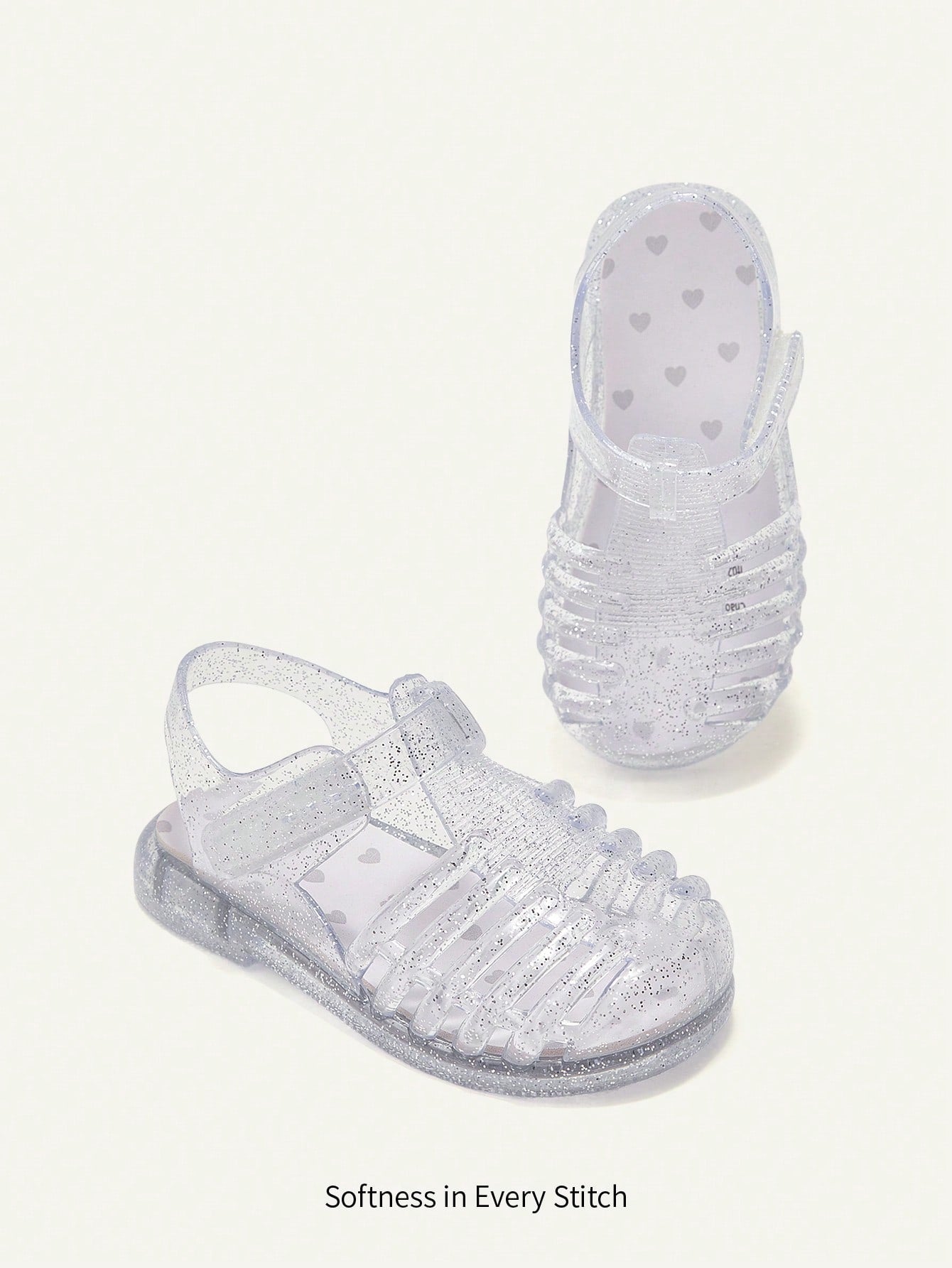 Cozy Pixies 1 Pair Fashionable Versatile Cute Princess Pink Transparent Soft Comfortable Crystal Heart Flat Sandals For Toddlers