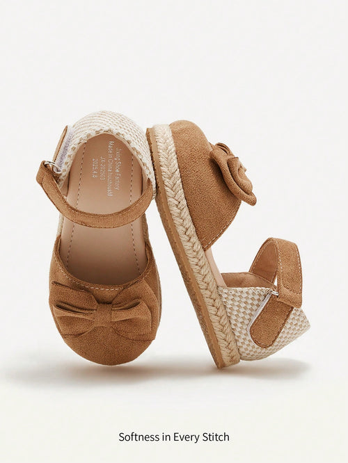 Cozy Pixies 1 Pair Summer Cute Toddler Girls Brown Bow All-Match Casual Fashion Versatile Hook And Loop Soft Bottom Closed Toe Infant Flat Sandals