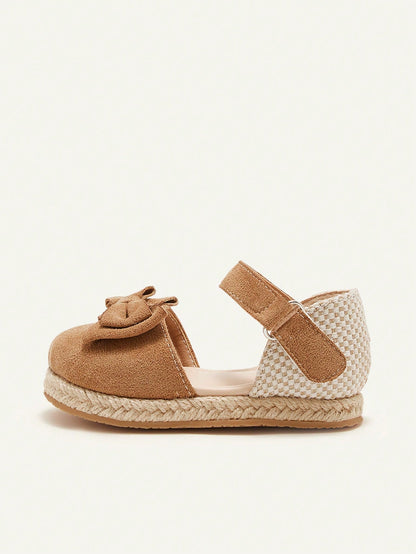 Cozy Pixies 1 Pair Summer Cute Toddler Girls Brown Bow All-Match Casual Fashion Versatile Hook And Loop Soft Bottom Closed Toe Infant Flat Sandals
