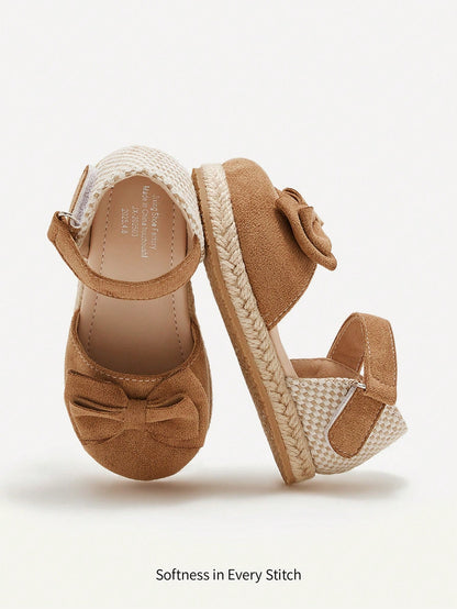 Cozy Pixies 1 Pair Summer Cute Toddler Girls Brown Bow All-Match Casual Fashion Versatile Hook And Loop Soft Bottom Closed Toe Infant Flat Sandals