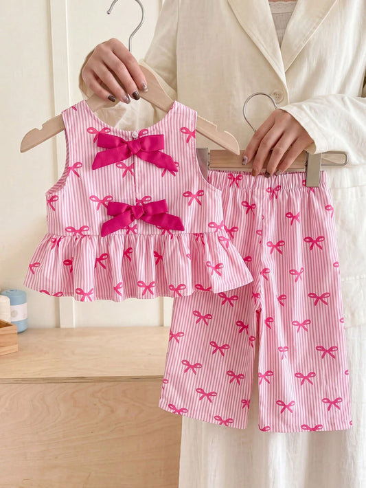 Cozy Pixies 2pcs/Set Baby Girls Summer Cute Pink And White Striped Bow Print Top Outfit, Casual Family Matching Vacation Photoshoot Sibling Parent-Child Wear