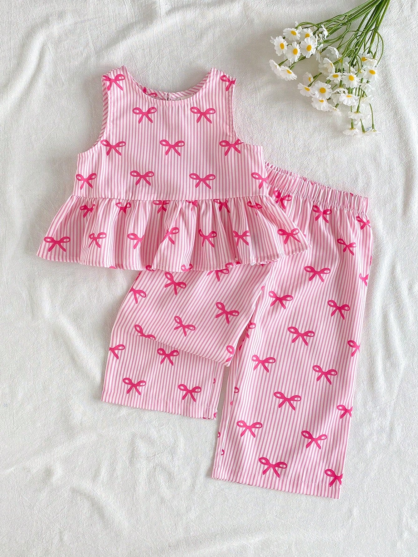 Cozy Pixies 2pcs/Set Baby Girls Summer Cute Pink And White Striped Bow Print Top Outfit, Casual Family Matching Vacation Photoshoot Sibling Parent-Child Wear