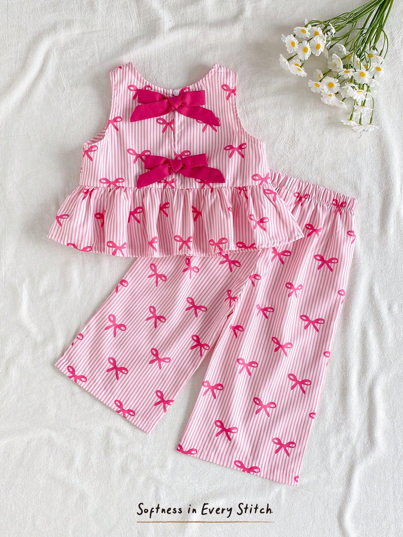 Cozy Pixies 2pcs/Set Baby Girls Summer Cute Pink And White Striped Bow Print Top Outfit, Casual Family Matching Vacation Photoshoot Sibling Parent-Child Wear