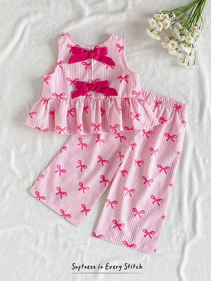 Cozy Pixies 2pcs/Set Baby Girls Summer Cute Pink And White Striped Bow Print Top Outfit, Casual Family Matching Vacation Photoshoot Sibling Parent-Child Wear