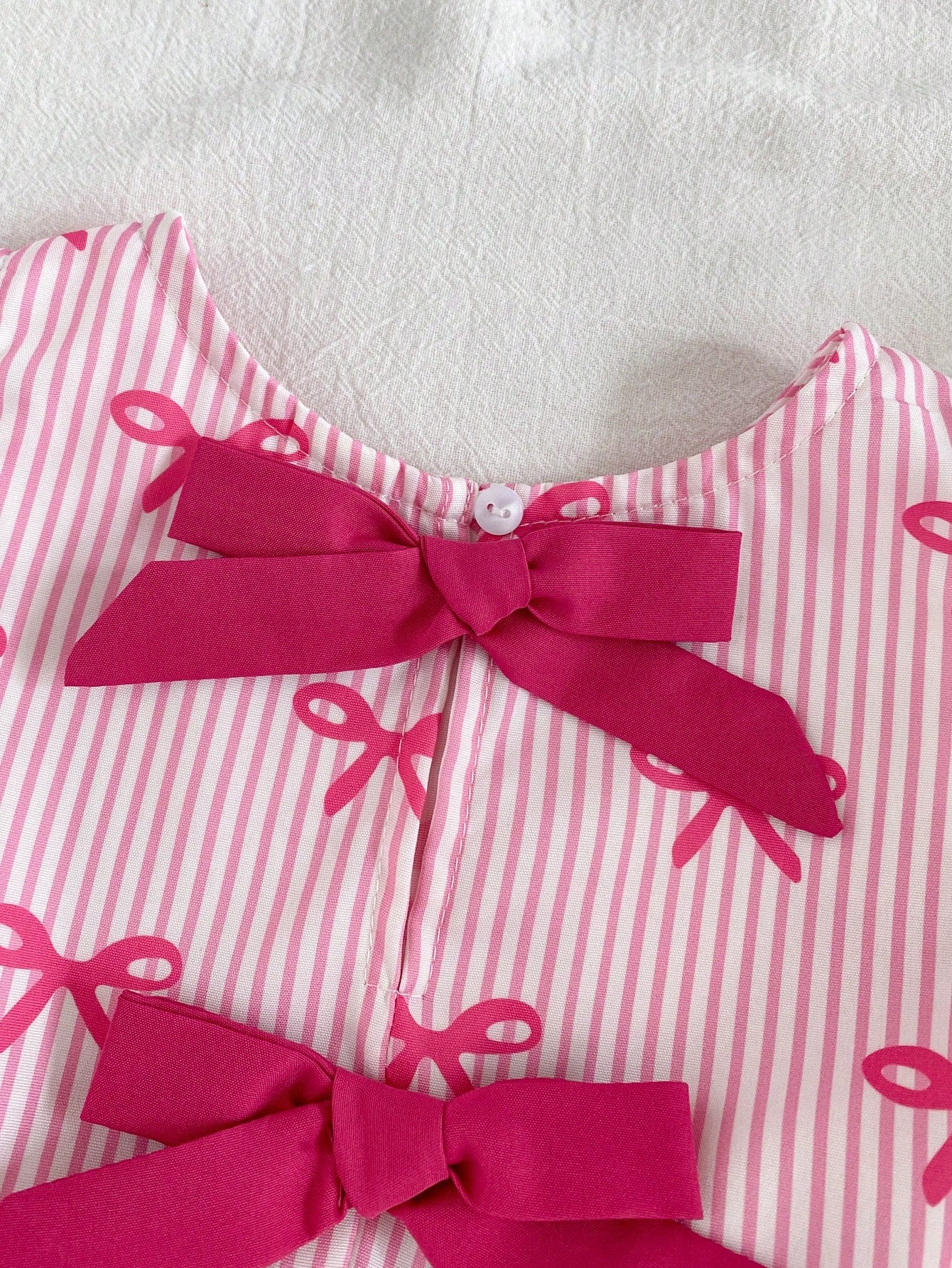 Cozy Pixies 2pcs/Set Baby Girls Summer Cute Pink And White Striped Bow Print Top Outfit, Casual Family Matching Vacation Photoshoot Sibling Parent-Child Wear