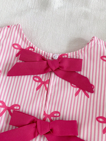 Cozy Pixies 2pcs/Set Baby Girls Summer Cute Pink And White Striped Bow Print Top Outfit, Casual Family Matching Vacation Photoshoot Sibling Parent-Child Wear