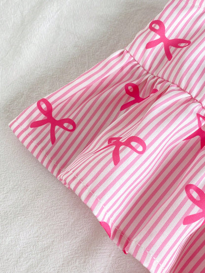 Cozy Pixies 2pcs/Set Baby Girls Summer Cute Pink And White Striped Bow Print Top Outfit, Casual Family Matching Vacation Photoshoot Sibling Parent-Child Wear