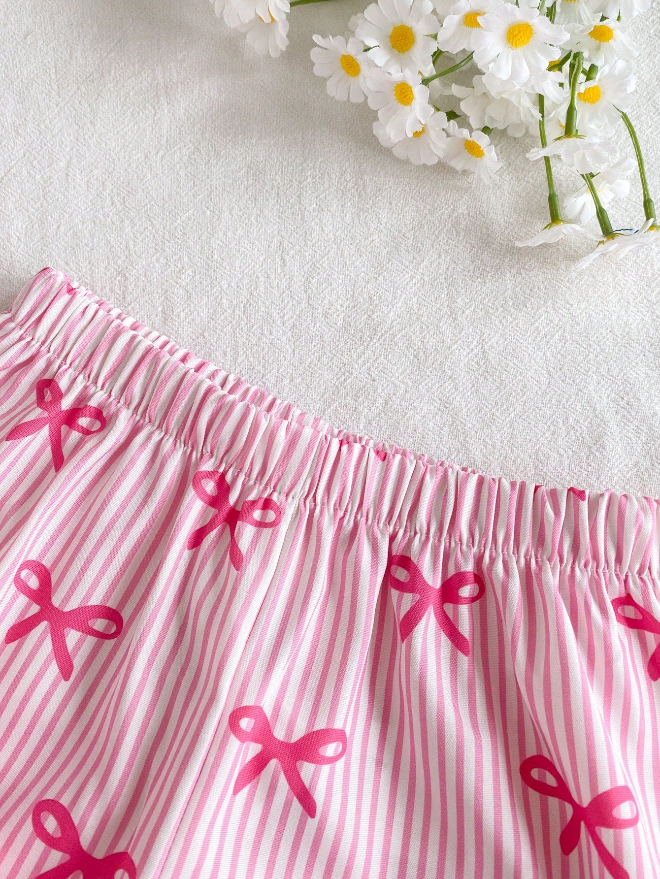 Cozy Pixies 2pcs/Set Baby Girls Summer Cute Pink And White Striped Bow Print Top Outfit, Casual Family Matching Vacation Photoshoot Sibling Parent-Child Wear