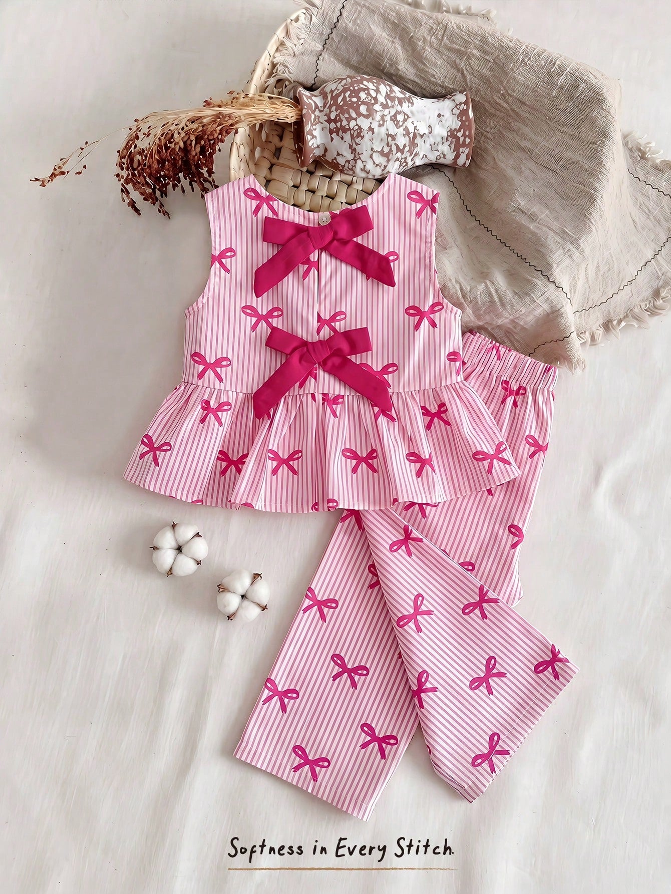 Cozy Pixies 2pcs/Set Baby Girls Summer Cute Pink And White Striped Bow Print Top Outfit, Casual Family Matching Vacation Photoshoot Sibling Parent-Child Wear