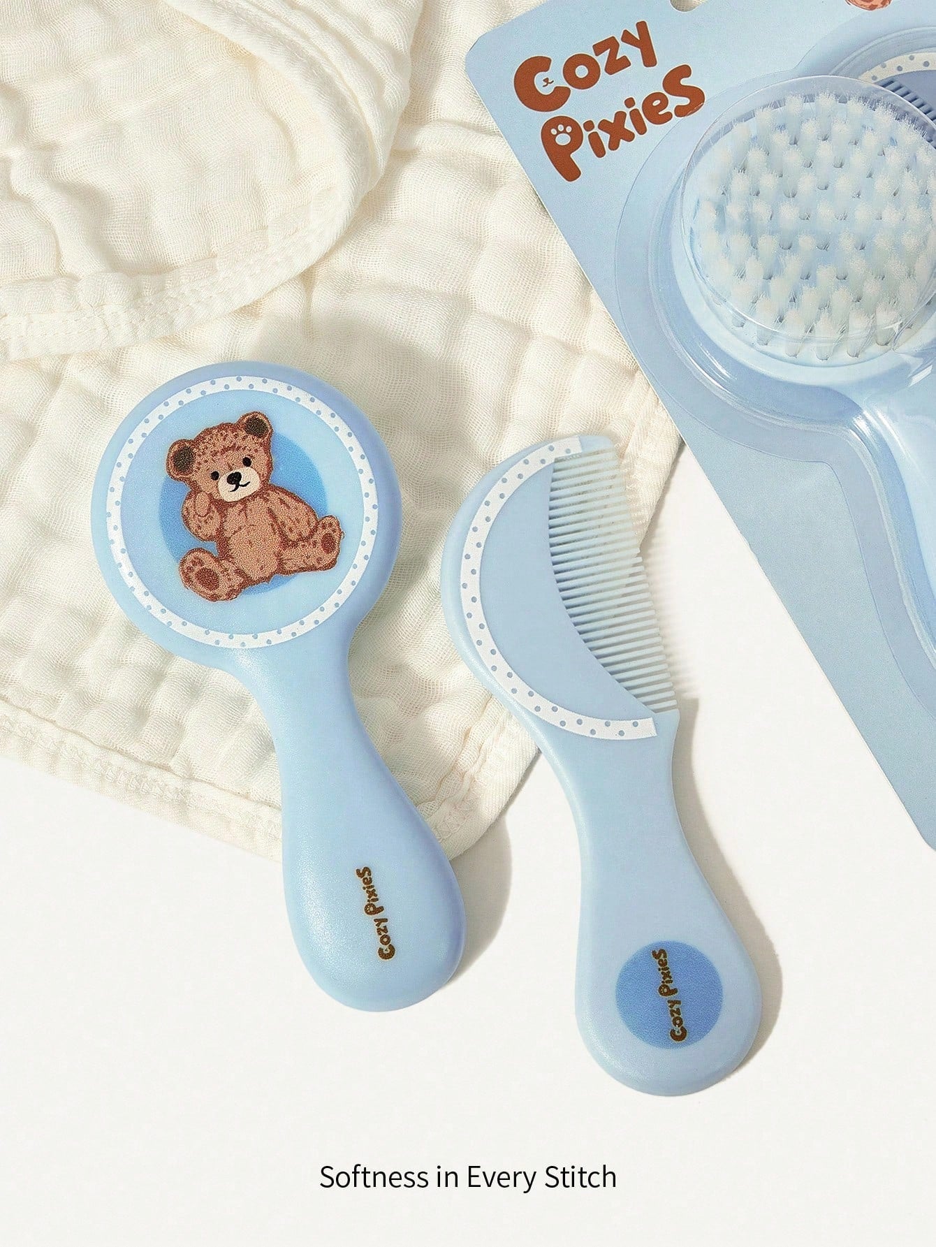Cozy Pixies 2pcs/Set Baby Newborn Care Tools, Blue Bear & Polka Dot Design Comb & Brush