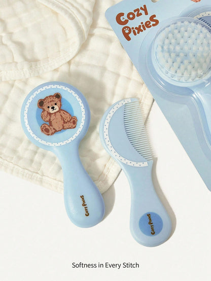 Cozy Pixies 2pcs/Set Baby Newborn Care Tools, Blue Bear & Polka Dot Design Comb & Brush