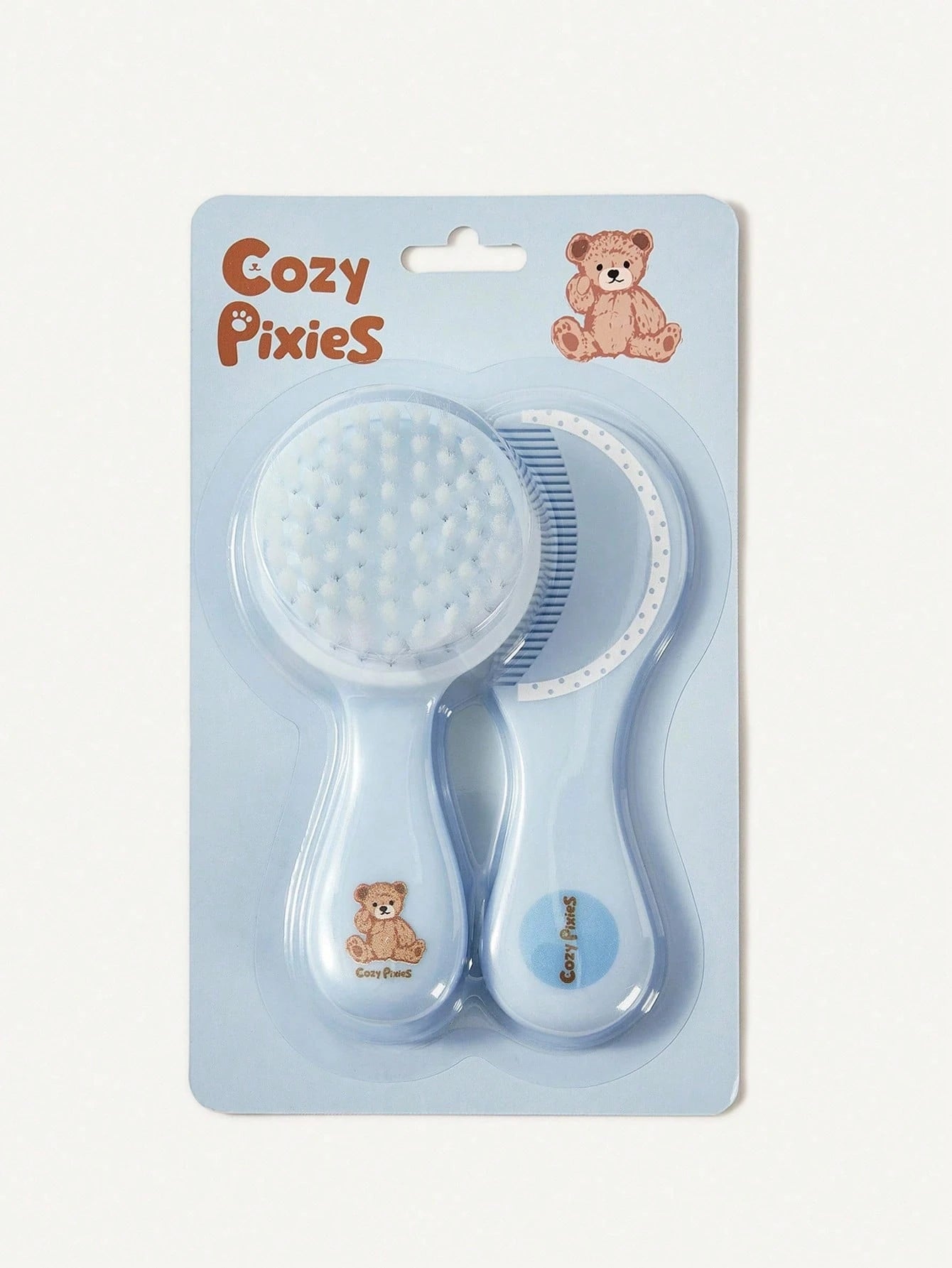Cozy Pixies 2pcs/Set Baby Newborn Care Tools, Blue Bear & Polka Dot Design Comb & Brush