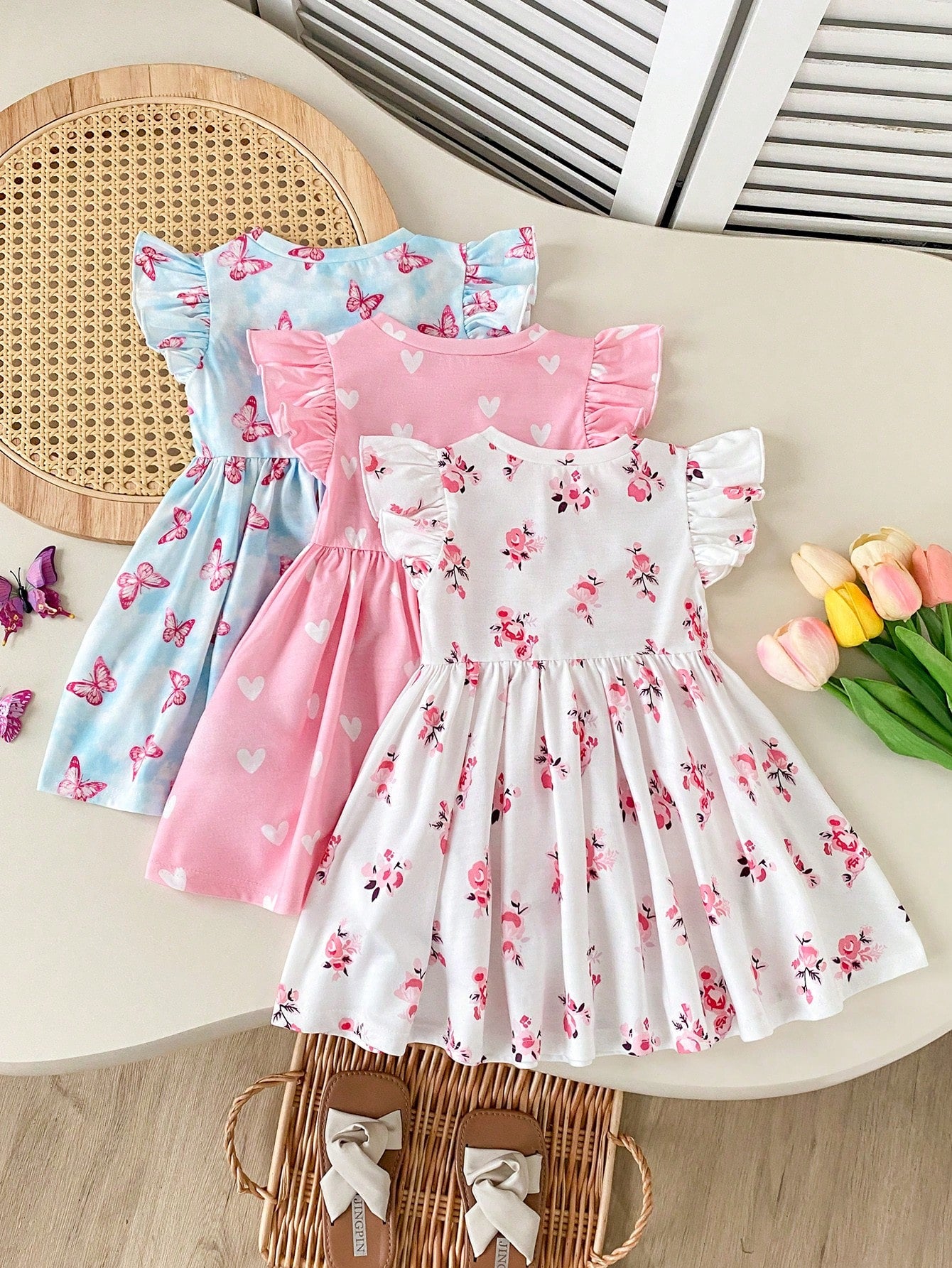 Cozy Pixies 3pcs/Set Baby Girls White And Blue Floral, Summer, Cute, Vacation Heart Butterfly Print Ruffle Sleeve Dress Set, Suitable For Casual Wear Parties