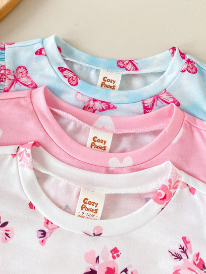 Cozy Pixies 3pcs/Set Baby Girls White And Blue Floral, Summer, Cute, Vacation Heart Butterfly Print Ruffle Sleeve Dress Set, Suitable For Casual Wear Parties