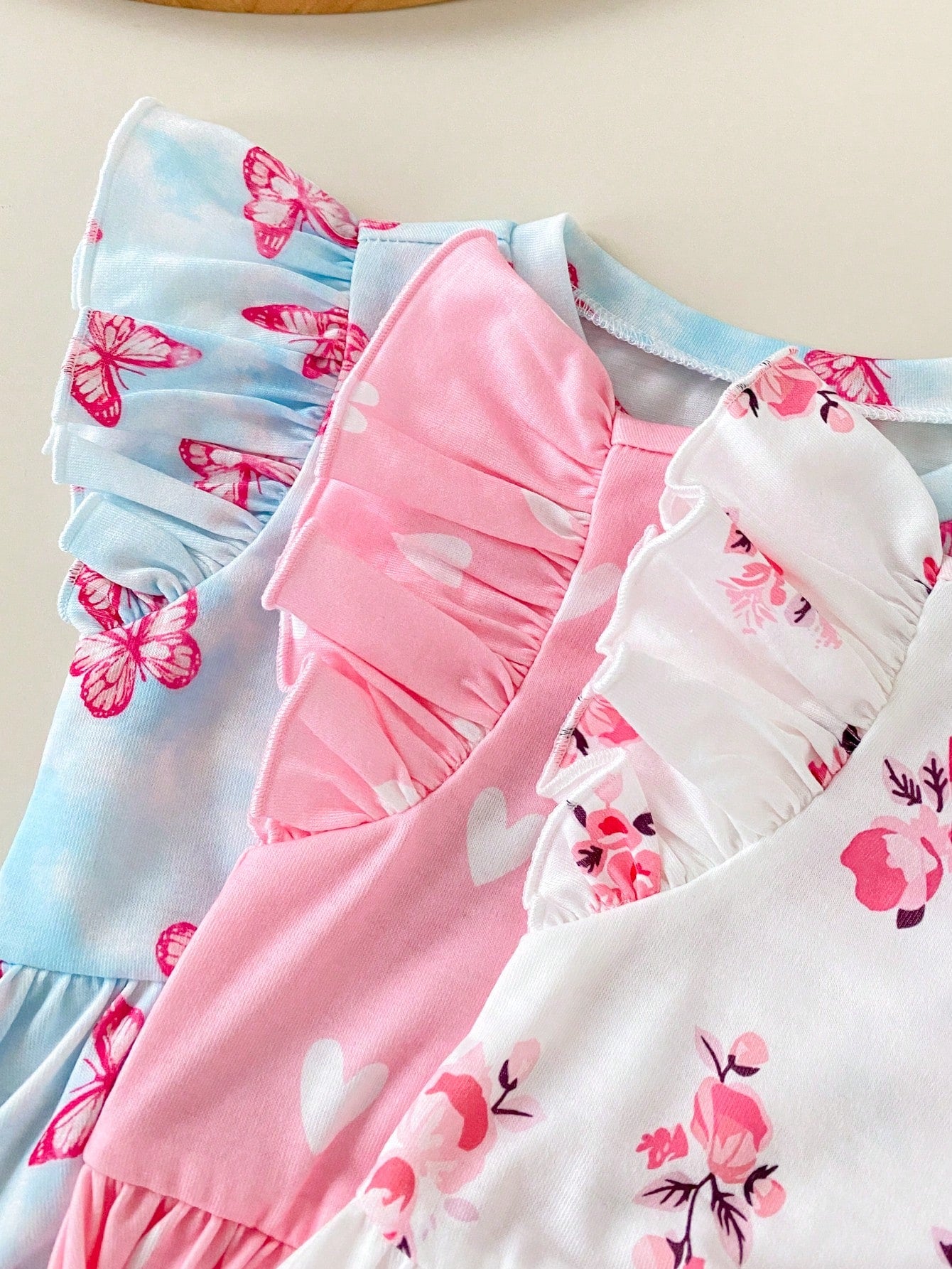 Cozy Pixies 3pcs/Set Baby Girls White And Blue Floral, Summer, Cute, Vacation Heart Butterfly Print Ruffle Sleeve Dress Set, Suitable For Casual Wear Parties