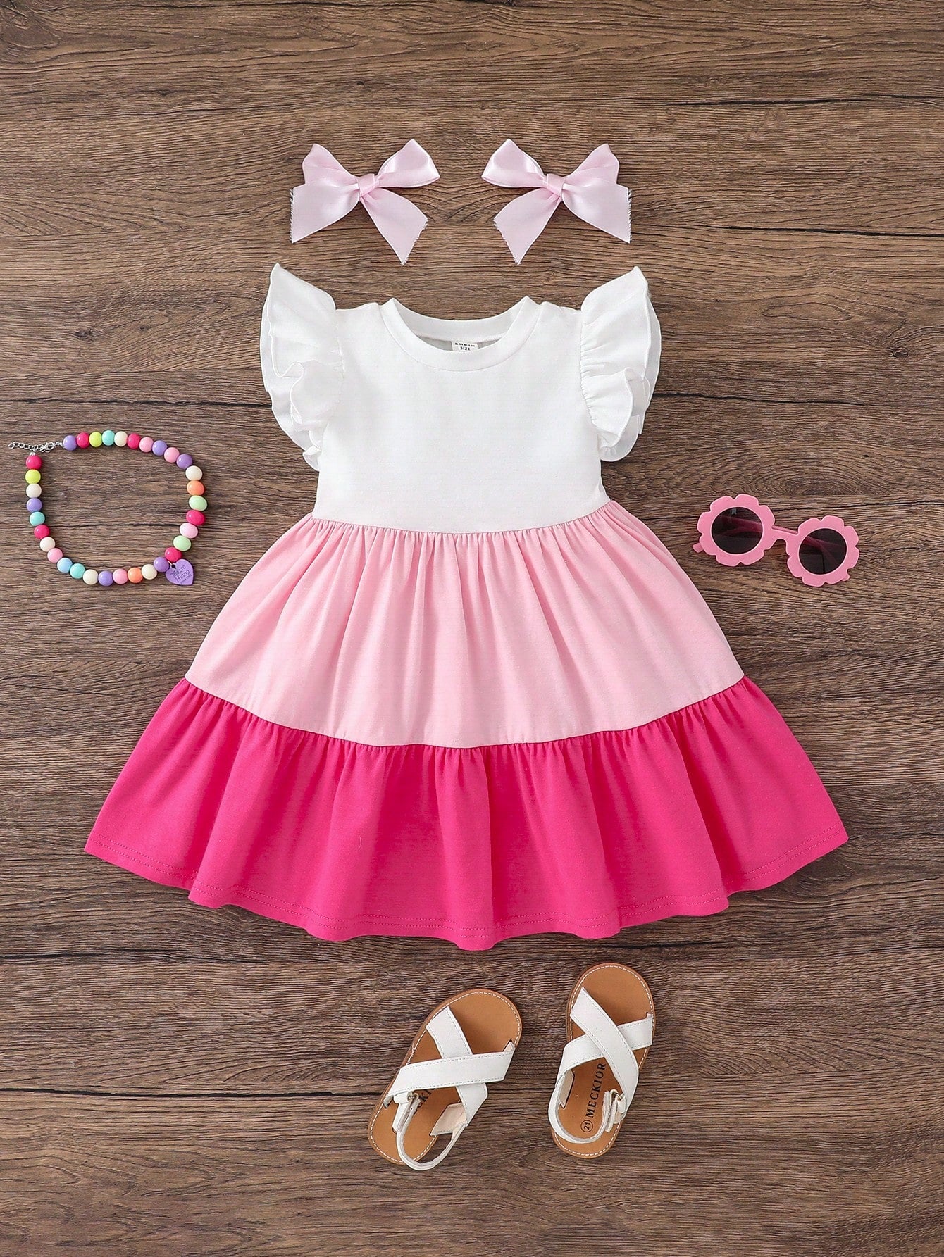 Cozy Pixies 3pcs/Set Baby Girls White And Blue Floral, Summer, Cute, Vacation Heart Butterfly Print Ruffle Sleeve Dress Set, Suitable For Casual Wear Parties