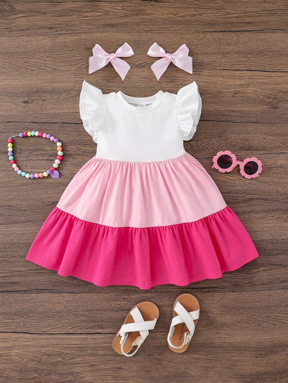 Cozy Pixies 3pcs/Set Baby Girls White And Blue Floral, Summer, Cute, Vacation Heart Butterfly Print Ruffle Sleeve Dress Set, Suitable For Casual Wear Parties