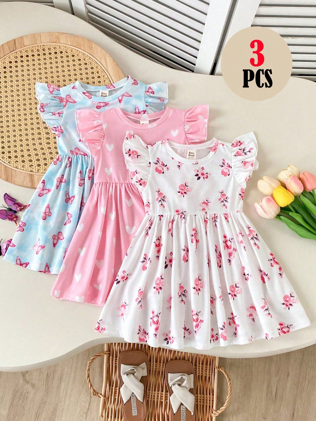 Cozy Pixies 3pcs/Set Baby Girls White And Blue Floral, Summer, Cute, Vacation Heart Butterfly Print Ruffle Sleeve Dress Set, Suitable For Casual Wear Parties