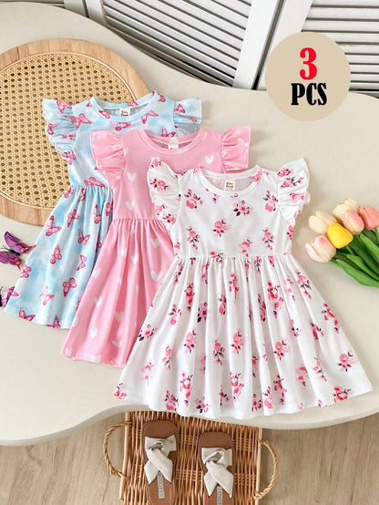 Cozy Pixies 3pcs/Set Baby Girls White And Blue Floral, Summer, Cute, Vacation Heart Butterfly Print Ruffle Sleeve Dress Set, Suitable For Casual Wear Parties