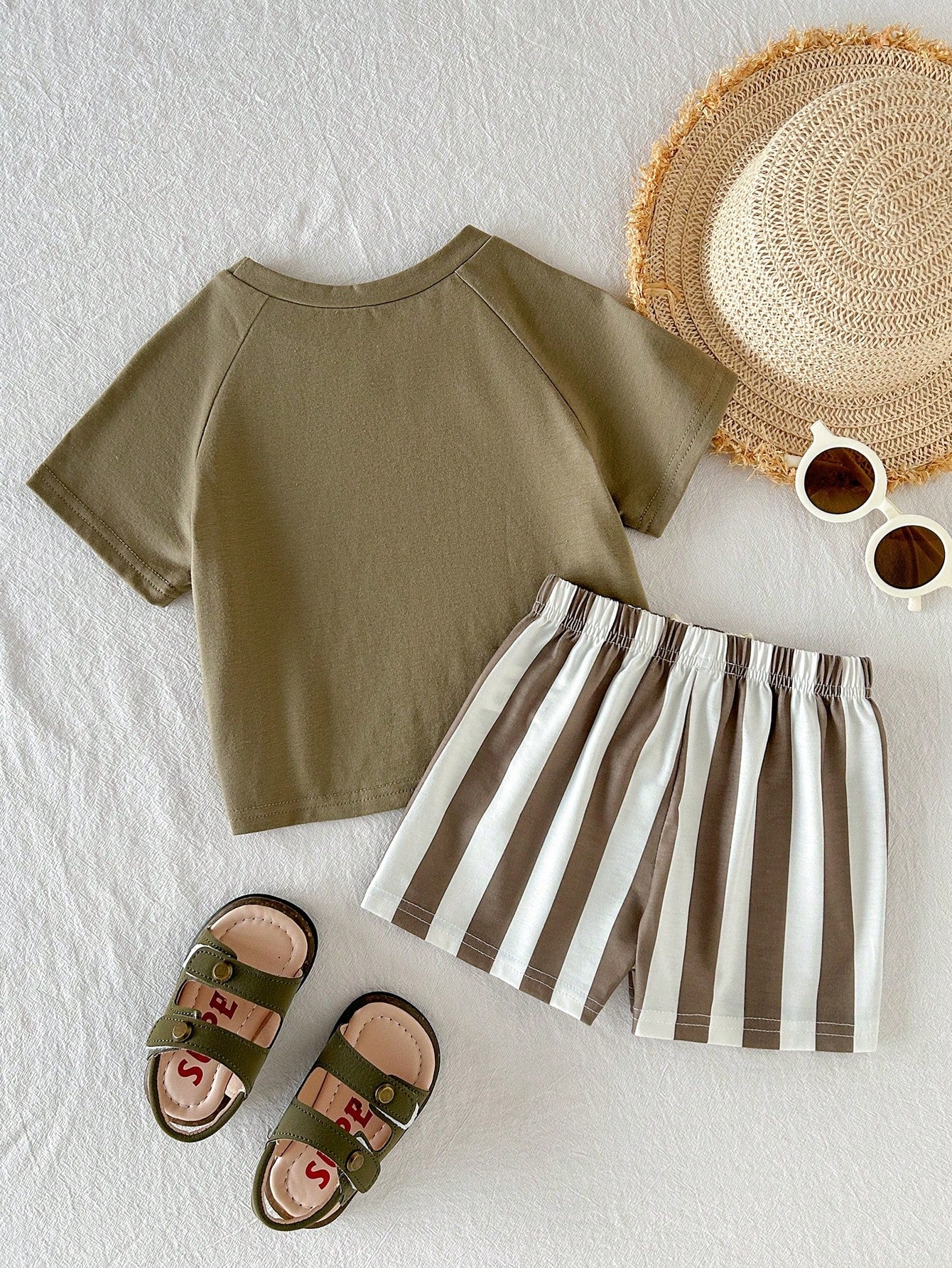 Cozy Pixies Baby Boy Striped Coconut Tree Print Round Neck Short Sleeve T-Shirt And Shorts Casual Holiday Outfit, Summer