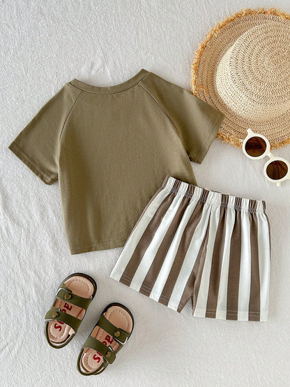 Cozy Pixies Baby Boy Striped Coconut Tree Print Round Neck Short Sleeve T-Shirt And Shorts Casual Holiday Outfit, Summer
