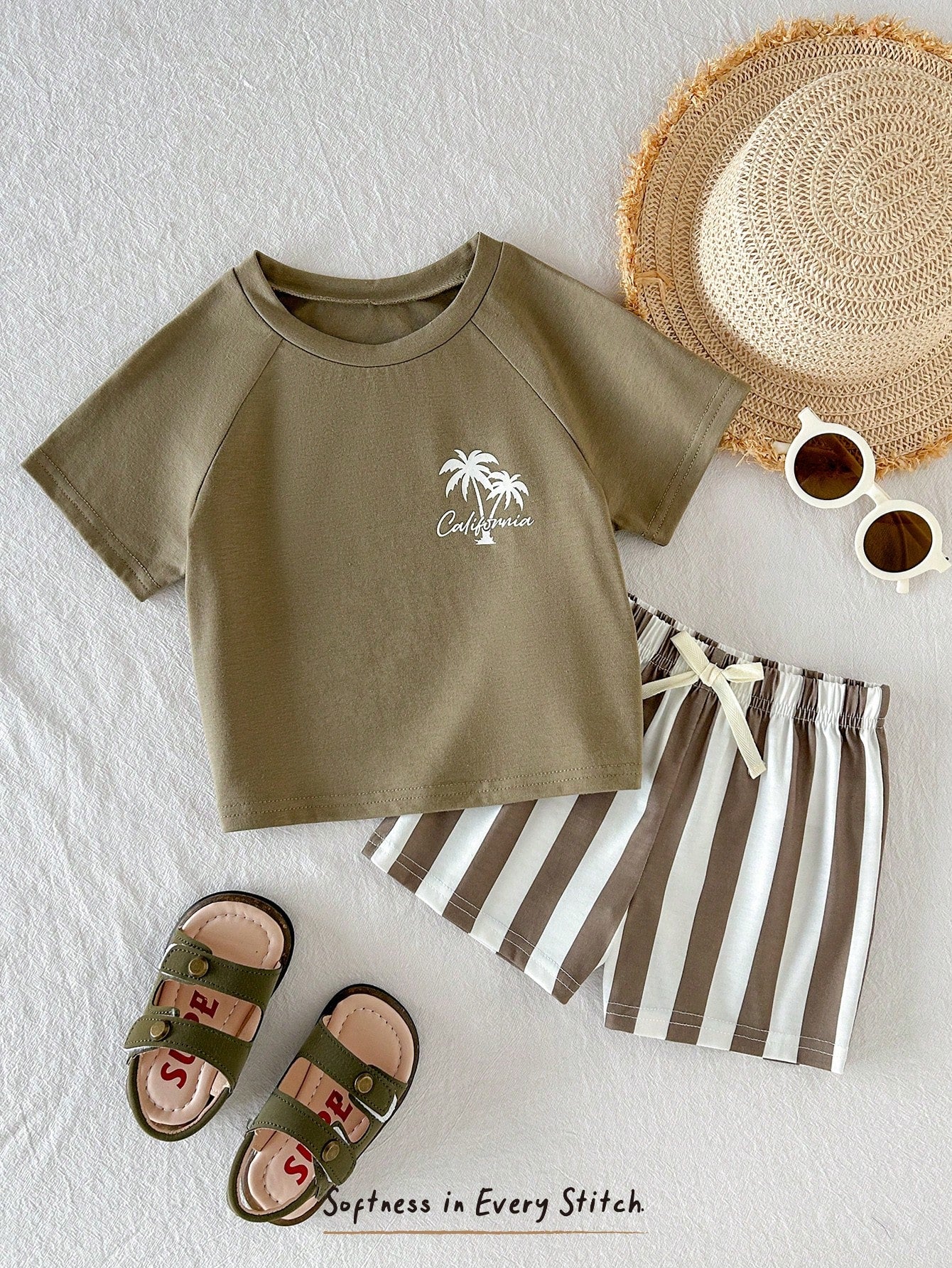 Cozy Pixies Baby Boy Striped Coconut Tree Print Round Neck Short Sleeve T-Shirt And Shorts Casual Holiday Outfit, Summer