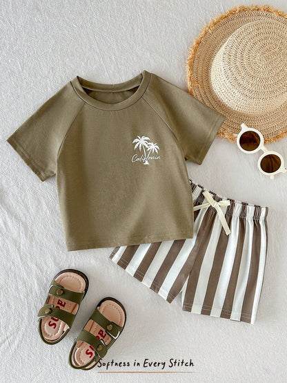 Cozy Pixies Baby Boy Striped Coconut Tree Print Round Neck Short Sleeve T-Shirt And Shorts Casual Holiday Outfit, Summer