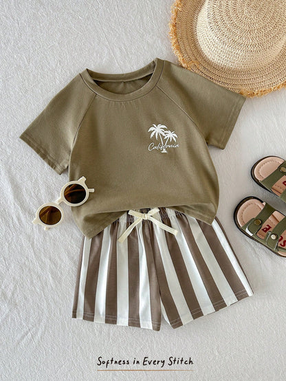 Cozy Pixies Baby Boy Striped Coconut Tree Print Round Neck Short Sleeve T-Shirt And Shorts Casual Holiday Outfit, Summer