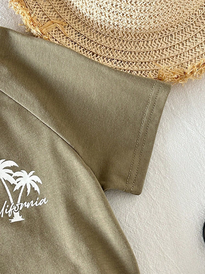 Cozy Pixies Baby Boy Striped Coconut Tree Print Round Neck Short Sleeve T-Shirt And Shorts Casual Holiday Outfit, Summer