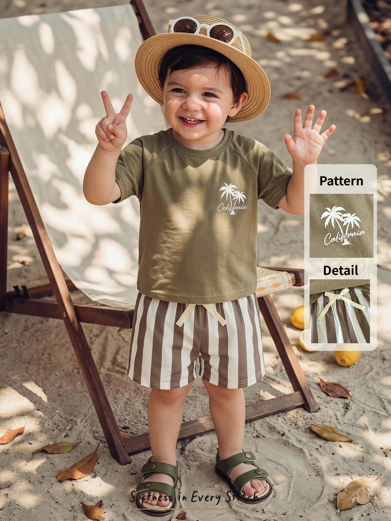 Cozy Pixies Baby Boy Striped Coconut Tree Print Round Neck Short Sleeve T-Shirt And Shorts Casual Holiday Outfit, Summer