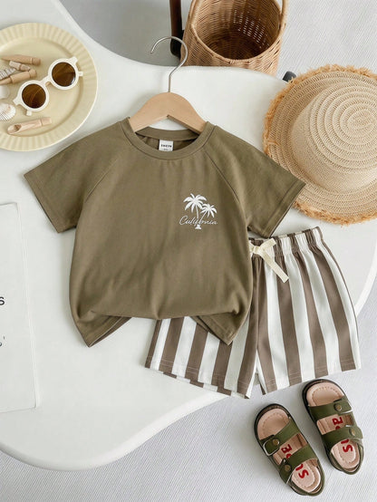 Cozy Pixies Baby Boy Striped Coconut Tree Print Round Neck Short Sleeve T-Shirt And Shorts Casual Holiday Outfit, Summer
